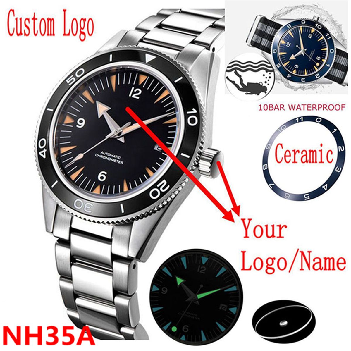 Watch Bezel Insert - Własne logo NH35 zegarek z mechanizmem
